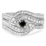 0.75 Carat (ctw) 10K White Gold Round Black & White Diamond Ladies Bridal Engagement Ring With Two Wedding Bands 3 Piece Set 3/4 CT