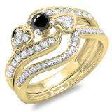 0.75 Carat (ctw) 10K Yellow Gold Round Black & White Diamond Ladies Bridal Engagement Ring With Two Wedding Bands 3 Piece Set 3/4 CT