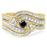 0.75 Carat (ctw) 10K Yellow Gold Round Black & White Diamond Ladies Bridal Engagement Ring With Two Wedding Bands 3 Piece Set 3/4 CT