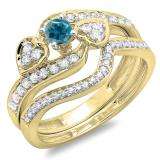 0.75 Carat (ctw) 10K Yellow Gold Round Blue & White Diamond Ladies Bridal Engagement Ring With Two Wedding Bands 3 Piece Set 3/4 CT