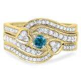 0.75 Carat (ctw) 10K Yellow Gold Round Blue & White Diamond Ladies Bridal Engagement Ring With Two Wedding Bands 3 Piece Set 3/4 CT
