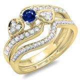 0.75 Carat (ctw) 10K Yellow Gold Round Blue Sapphire & White Diamond Ladies Bridal Engagement Ring With Two Wedding Bands 3 Piece Set 3/4 CT