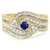0.75 Carat (ctw) 10K Yellow Gold Round Blue Sapphire & White Diamond Ladies Bridal Engagement Ring With Two Wedding Bands 3 Piece Set 3/4 CT