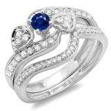 0.75 Carat (ctw) 14K White Gold Round Blue Sapphire & White Diamond Ladies Bridal Engagement Ring With Two Wedding Bands 3 Piece Set 3/4 CT