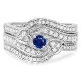 0.75 Carat (ctw) 14K White Gold Round Blue Sapphire & White Diamond Ladies Bridal Engagement Ring With Two Wedding Bands 3 Piece Set 3/4 CT