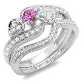0.75 Carat (ctw) 10K White Gold Round Pink Sapphire & White Diamond Ladies Bridal Engagement Ring With Two Wedding Bands 3 Piece Set 3/4 CT