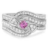 0.75 Carat (ctw) 10K White Gold Round Pink Sapphire & White Diamond Ladies Bridal Engagement Ring With Two Wedding Bands 3 Piece Set 3/4 CT