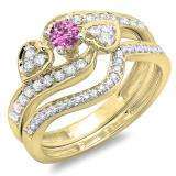 0.75 Carat (ctw) 10K Yellow Gold Round Pink Sapphire & White Diamond Ladies Bridal Engagement Ring With Two Wedding Bands 3 Piece Set 3/4 CT
