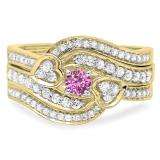 0.75 Carat (ctw) 10K Yellow Gold Round Pink Sapphire & White Diamond Ladies Bridal Engagement Ring With Two Wedding Bands 3 Piece Set 3/4 CT