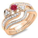 0.75 Carat (ctw) 10K Rose Gold Round Red Ruby & White Diamond Ladies Bridal Engagement Ring With Two Wedding Bands 3 Piece Set 3/4 CT