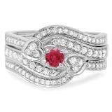 0.75 Carat (ctw) 10K White Gold Round Red Ruby & White Diamond Ladies Bridal Engagement Ring With Two Wedding Bands 3 Piece Set 3/4 CT