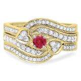 0.75 Carat (ctw) 10K Yellow Gold Round Red Ruby & White Diamond Ladies Bridal Engagement Ring With Two Wedding Bands 3 Piece Set 3/4 CT