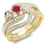 0.75 Carat (ctw) 18K Yellow Gold Round Red Ruby & White Diamond Ladies Bridal Engagement Ring With Two Wedding Bands 3 Piece Set 3/4 CT