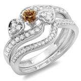 0.75 Carat (ctw) 10K White Gold Round Champagne & White Diamond Ladies Bridal Engagement Ring With Two Wedding Bands 3 Piece Set 3/4 CT