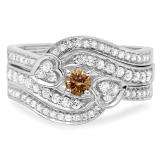 0.75 Carat (ctw) 10K White Gold Round Champagne & White Diamond Ladies Bridal Engagement Ring With Two Wedding Bands 3 Piece Set 3/4 CT