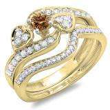 0.75 Carat (ctw) 10K Yellow Gold Round Champagne & White Diamond Ladies Bridal Engagement Ring With Two Wedding Bands 3 Piece Set 3/4 CT