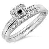 0.15 Carat (ctw) 10K White Gold Round Black & White Diamond Ladies Halo Engagement Bridal Ring Set Matching Wedding Band