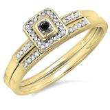 0.15 Carat (ctw) 10K Yellow Gold Round Black & White Diamond Ladies Halo Engagement Bridal Ring Set Matching Wedding Band