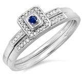 0.15 Carat (ctw) 10K White Gold Round Blue Sapphire & White Diamond Ladies Halo Engagement Bridal Ring Set Matching Wedding Band