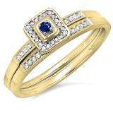 0.15 Carat (ctw) 10K Yellow Gold Round Blue Sapphire & White Diamond Ladies Halo Engagement Bridal Ring Set Matching Wedding Band