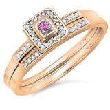 0.15 Carat (ctw) 14K Rose Gold Round Pink Sapphire & White Diamond Ladies Halo Engagement Bridal Ring Set Matching Wedding Band