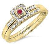 0.15 Carat (ctw) 18K Yellow Gold Round Red Ruby & White Diamond Ladies Halo Engagement Bridal Ring Set Matching Wedding Band