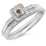 0.15 Carat (ctw) 18K White Gold Round Champagne & White Diamond Ladies Halo Engagement Bridal Ring Set Matching Wedding Band