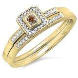 0.15 Carat (ctw) 18K Yellow Gold Round Champagne & White Diamond Ladies Halo Engagement Bridal Ring Set Matching Wedding Band