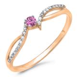 0.15 Carat (ctw) 10K Rose Gold Round Pink Sapphire & White Diamond Ladies Crossover Split Shank Bridal Promise Engagement Ring