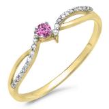 0.15 Carat (ctw) 10K Yellow Gold Round Pink Sapphire & White Diamond Ladies Crossover Split Shank Bridal Promise Engagement Ring