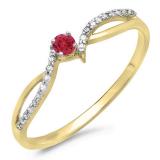 0.15 Carat (ctw) 10K Yellow Gold Round Red Ruby & White Diamond Ladies Crossover Split Shank Bridal Promise Engagement Ring
