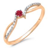 0.15 Carat (ctw) 18K Rose Gold Round Red Ruby & White Diamond Ladies Crossover Split Shank Bridal Promise Engagement Ring