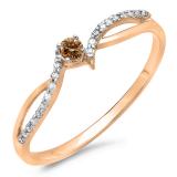 0.15 Carat (ctw) 10K Rose Gold Round Champagne & White Diamond Ladies Crossover Split Shank Bridal Promise Engagement Ring