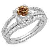 1.00 Carat (ctw) 14K White Gold Round White & Champagne Diamond Ladies Split Shank Halo Bridal Engagement Ring With Matching Band Set 1 CT