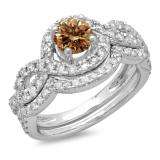 1.75 Carat (ctw) 14K White Gold Round White & Champagne Diamond Ladies Swirl Bridal Halo Engagement Ring With Matching Band Set 1 3/4 CT