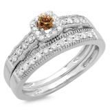 0.50 Carat (ctw) 10K White Gold Round White & Champagne Diamond Ladies Halo Engagement Bridal Ring With Matching Band Set 1/2 CT