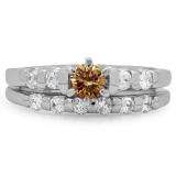 1.00 Carat (ctw) 10K White Gold Round Cut Champagne & White Diamond Ladies Bridal Solitaire With Accents Engagement Ring Matching Band Set 1 CT