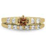 1.00 Carat (ctw) 10K Yellow Gold Round Cut Champagne & White Diamond Ladies Bridal Solitaire With Accents Engagement Ring Matching Band Set 1 CT