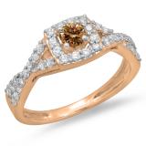 0.75 Carat (ctw) 14K Rose Gold Round Cut Champagne & White Diamond Ladies Bridal Swirl Split Shank Halo Engagement Ring 3/4 CT