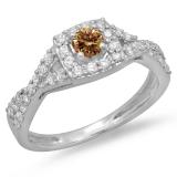0.75 Carat (ctw) 18K White Gold Round Cut Champagne & White Diamond Ladies Bridal Swirl Split Shank Halo Engagement Ring 3/4 CT