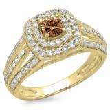 1.10 Carat (ctw) 10K Yellow Gold Round Cut Champagne & White Diamond Ladies Split Shank Vintage Style Bridal Halo Engagement Ring 1 CT