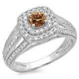 1.10 Carat (ctw) 14K White Gold Round Cut Champagne & White Diamond Ladies Split Shank Vintage Style Bridal Halo Engagement Ring 1 CT