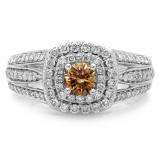 1.10 Carat (ctw) 14K White Gold Round Cut Champagne & White Diamond Ladies Split Shank Vintage Style Bridal Halo Engagement Ring 1 CT