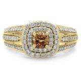 1.10 Carat (ctw) 14K Yellow Gold Round Cut Champagne & White Diamond Ladies Split Shank Vintage Style Bridal Halo Engagement Ring 1 CT