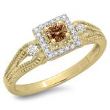 0.40 Carat (ctw) 10K Yellow Gold Round Cut Champagne & White Diamond Ladies Bridal Vintage Halo Style Engagement Ring