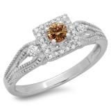 0.40 Carat (ctw) 14K White Gold Round Cut Champagne & White Diamond Ladies Bridal Vintage Halo Style Engagement Ring
