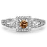 0.40 Carat (ctw) 14K White Gold Round Cut Champagne & White Diamond Ladies Bridal Vintage Halo Style Engagement Ring