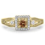 0.40 Carat (ctw) 14K Yellow Gold Round Cut Champagne & White Diamond Ladies Bridal Vintage Halo Style Engagement Ring