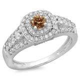 1.00 Carat (ctw) 14K White Gold Round Cut Champagne & White Diamond Ladies Vintage Style Bridal Halo Engagement Ring 1 CT