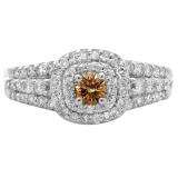 1.00 Carat (ctw) 14K White Gold Round Cut Champagne & White Diamond Ladies Vintage Style Bridal Halo Engagement Ring 1 CT
